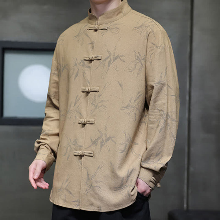 Buddha Stones Fall Tang Style Vintage Mandarin Collar Bamboo Leaf Cotton Linen Men's Long Sleeve Shirts - image 13