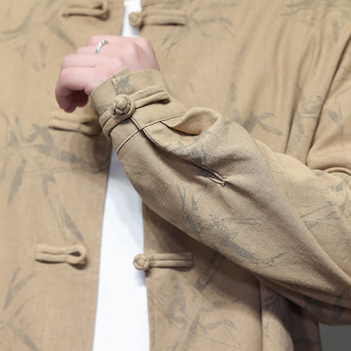 Buddha Stones Fall Tang Style Vintage Mandarin Collar Bamboo Leaf Cotton Linen Men's Long Sleeve Shirts - image 21