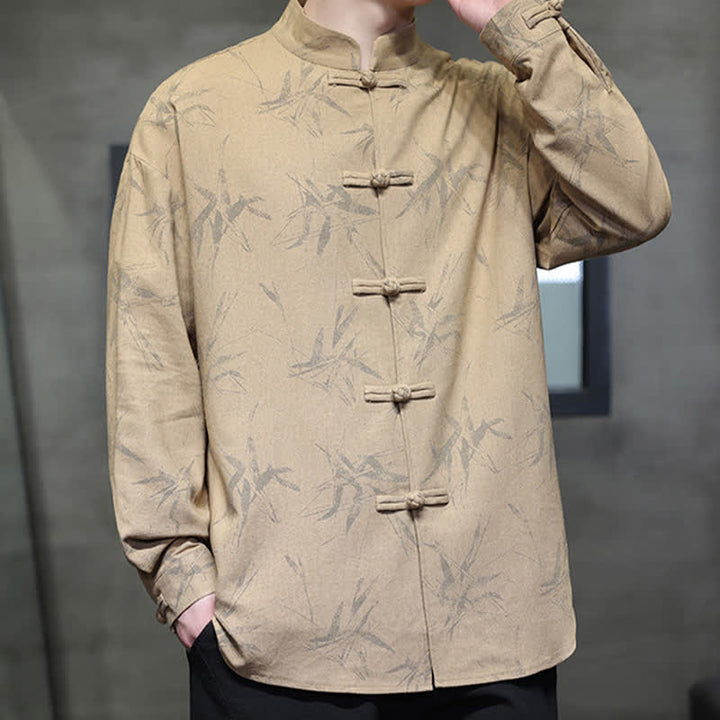 Buddha Stones Fall Tang Style Vintage Mandarin Collar Bamboo Leaf Cotton Linen Men's Long Sleeve Shirts - image 12