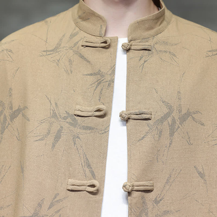 Buddha Stones Fall Tang Style Vintage Mandarin Collar Bamboo Leaf Cotton Linen Men's Long Sleeve Shirts - image 20