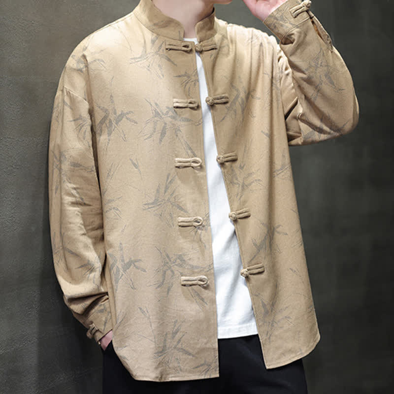 Buddha Stones Fall Tang Style Vintage Mandarin Collar Bamboo Leaf Cotton Linen Men's Long Sleeve Shirts - image 18