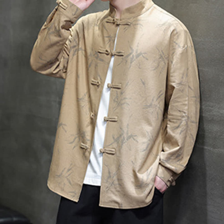 Buddha Stones Fall Tang Style Vintage Mandarin Collar Bamboo Leaf Cotton Linen Men's Long Sleeve Shirts - image 14