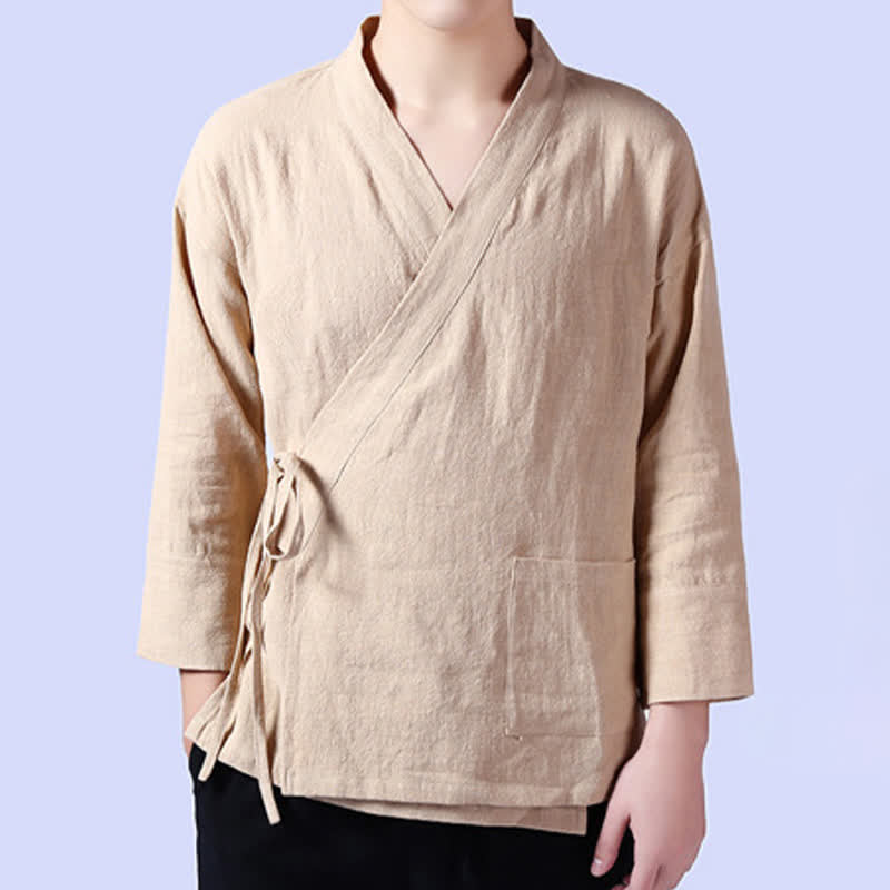 Buddha Stones Spring Casual Tang Style Drawstring Solid Ramie Men's Kimonos With Pocket - image 2