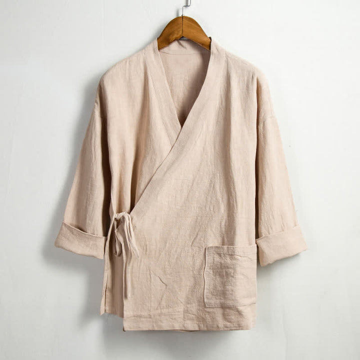 Buddha Stones Spring Casual Tang Style Drawstring Solid Ramie Men's Kimonos With Pocket - Wheat - US/UK/AU44，EU54 (4XL) - image 0