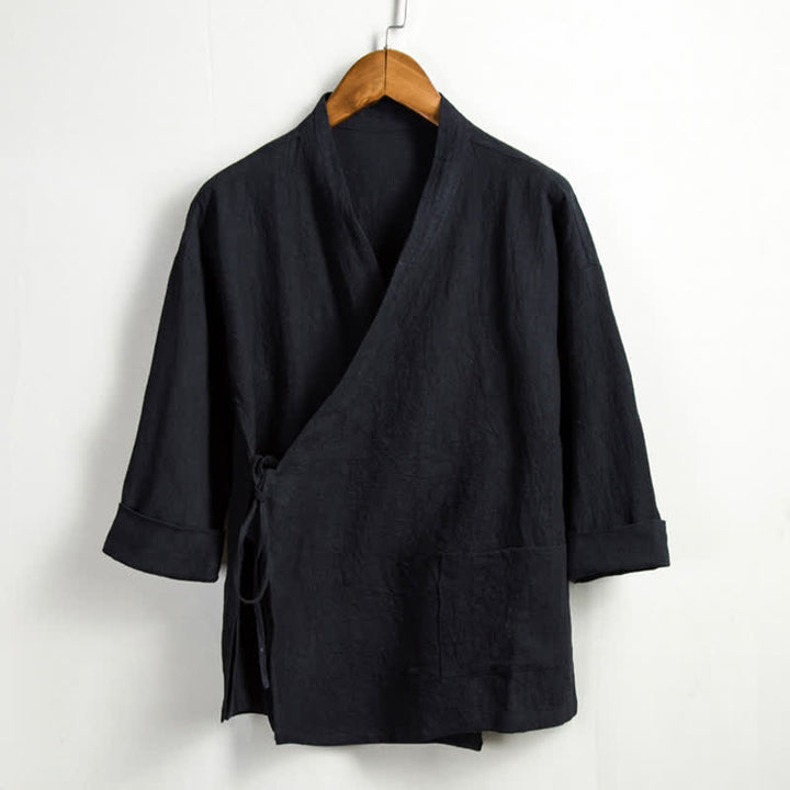 Buddha Stones Spring Casual Tang Style Drawstring Solid Ramie Men's Kimonos With Pocket - Black - US/UK/AU44，EU54 (4XL) - image 10