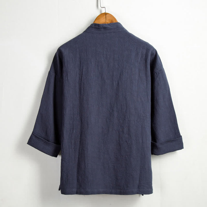 Buddha Stones Spring Casual Tang Style Drawstring Solid Ramie Men's Kimonos With Pocket - image 15