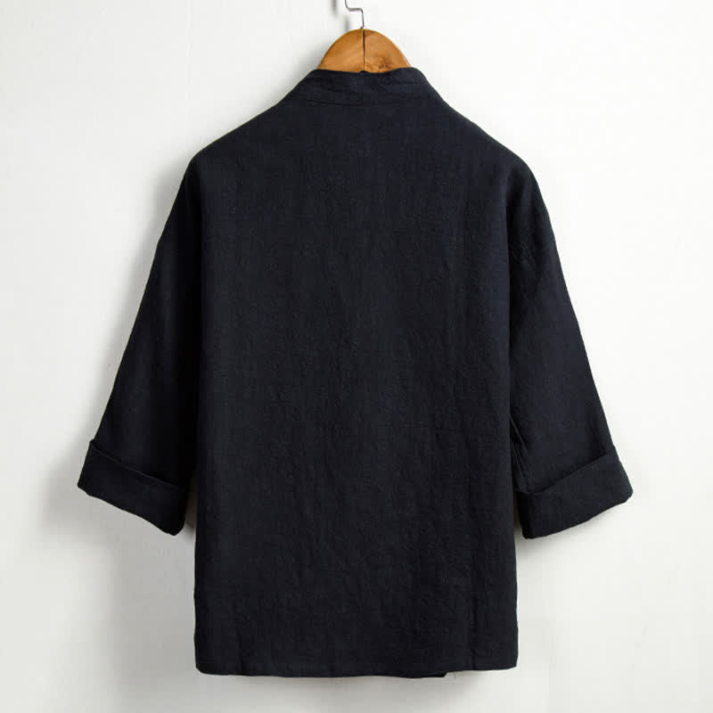 Buddha Stones Spring Casual Tang Style Drawstring Solid Ramie Men's Kimonos With Pocket - image 11