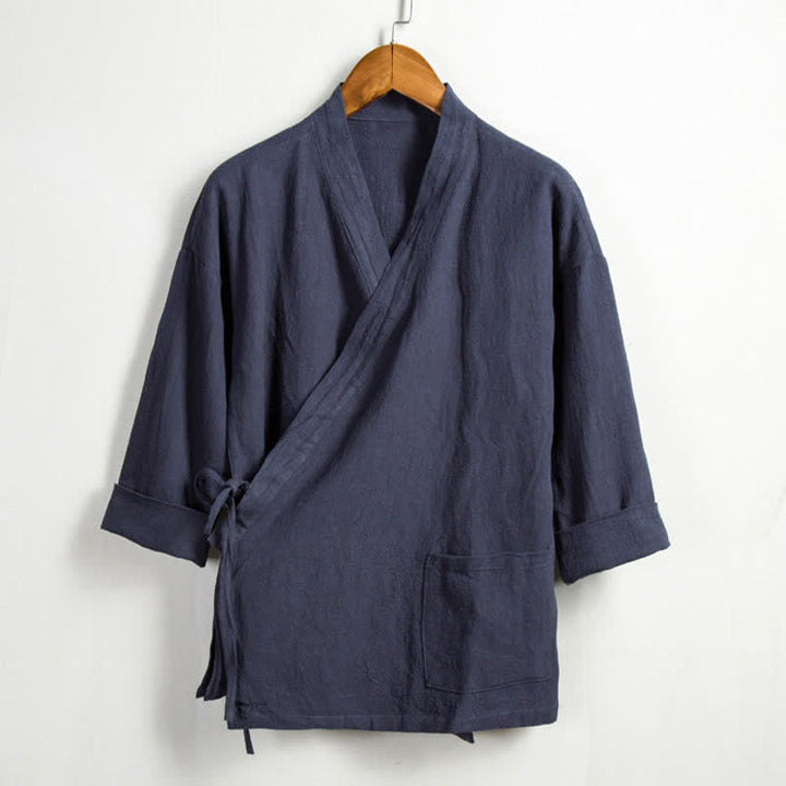 Buddha Stones Spring Casual Tang Style Drawstring Solid Ramie Men's Kimonos With Pocket - SlateGray - US/UK/AU44，EU54 (4XL) - image 14