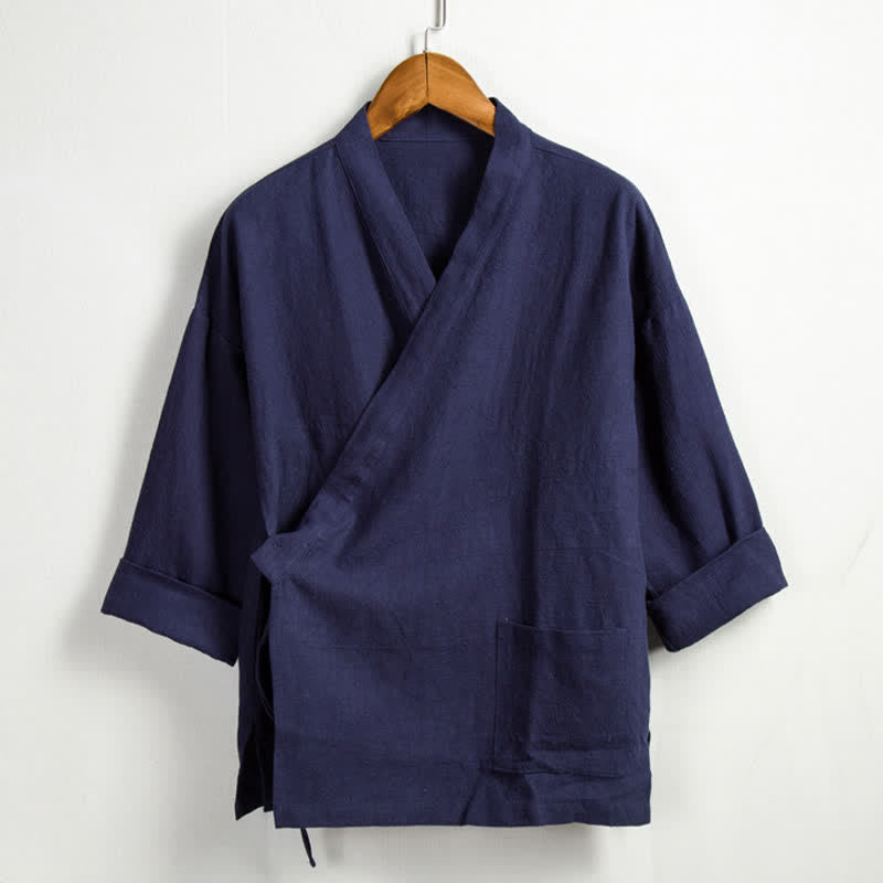 Buddha Stones Spring Casual Tang Style Drawstring Solid Ramie Men's Kimonos With Pocket - Navy - US/UK/AU44，EU54 (4XL) - image 12