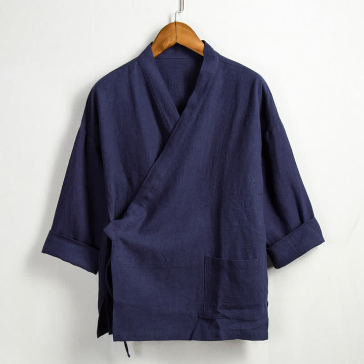 Buddha Stones Spring Casual Tang Style Drawstring Solid Ramie Men's Kimonos With Pocket - Navy - US/UK/AU44，EU54 (4XL) - image 12