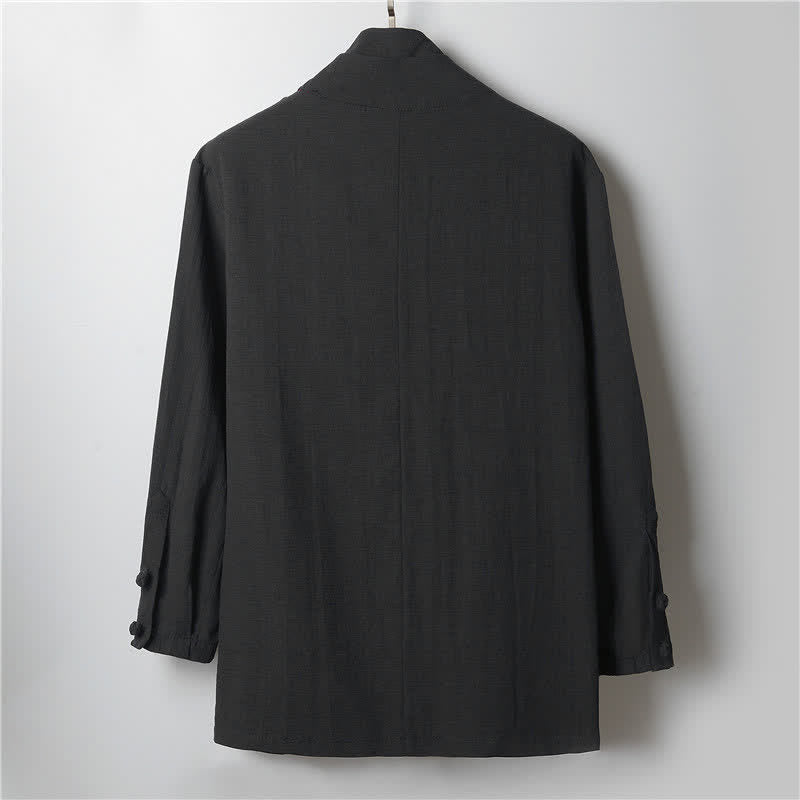 Buddha Stones Spring Casual Minimalist Solid Lapel Ramie Men's Kimono - image 9