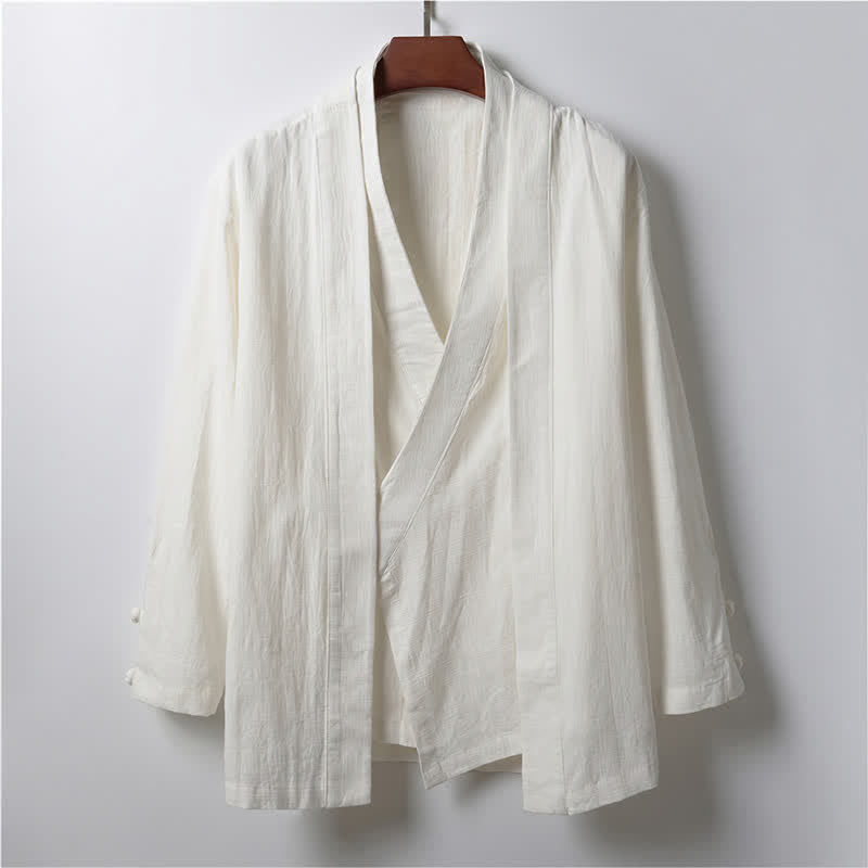 Buddha Stones Spring Casual Minimalist Solid Lapel Ramie Men's Kimono - White - US/UK/AU44，EU54 (4XL) - image 12
