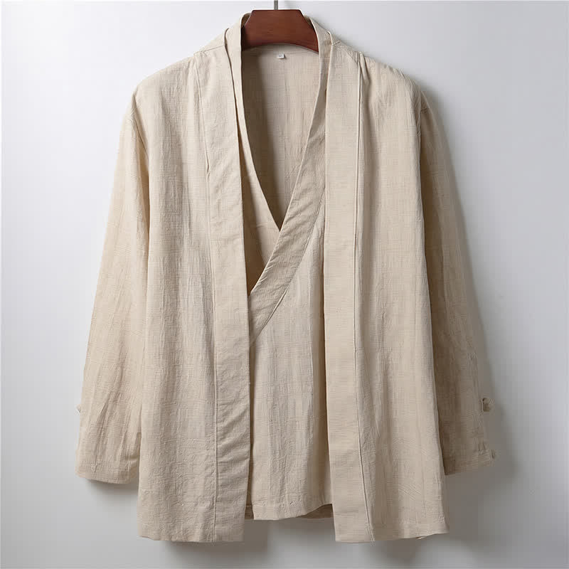 Buddha Stones Spring Casual Minimalist Solid Lapel Ramie Men's Kimono - Linen - US/UK/AU44，EU54 (4XL) - image 0
