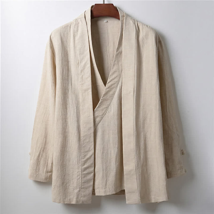 Buddha Stones Spring Casual Minimalist Solid Lapel Ramie Men's Kimono - Linen - US/UK/AU44，EU54 (4XL) - image 0