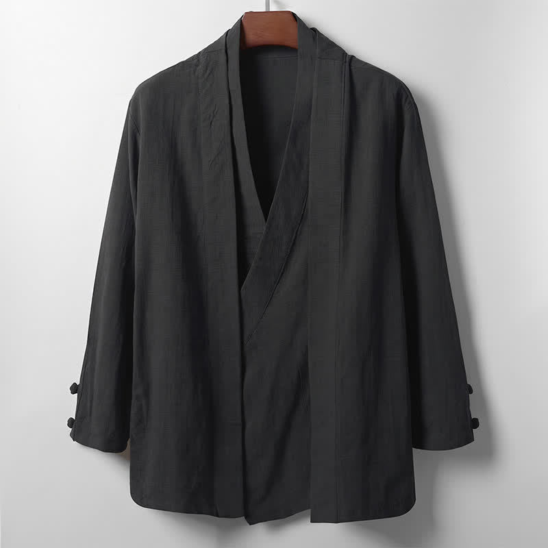 Buddha Stones Spring Casual Minimalist Solid Lapel Ramie Men's Kimono - Black - US/UK/AU44，EU54 (4XL) - image 8