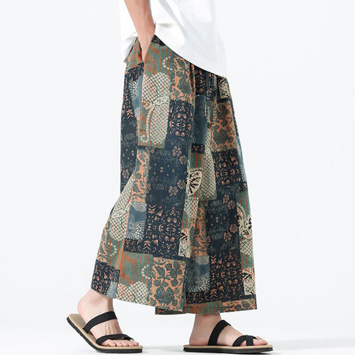 Buddha Stones Spring Summer Boho Casual Drawstring Floral Patchwork Cropped Pants Men's Wide Leg Pants With Pockets - image 5
