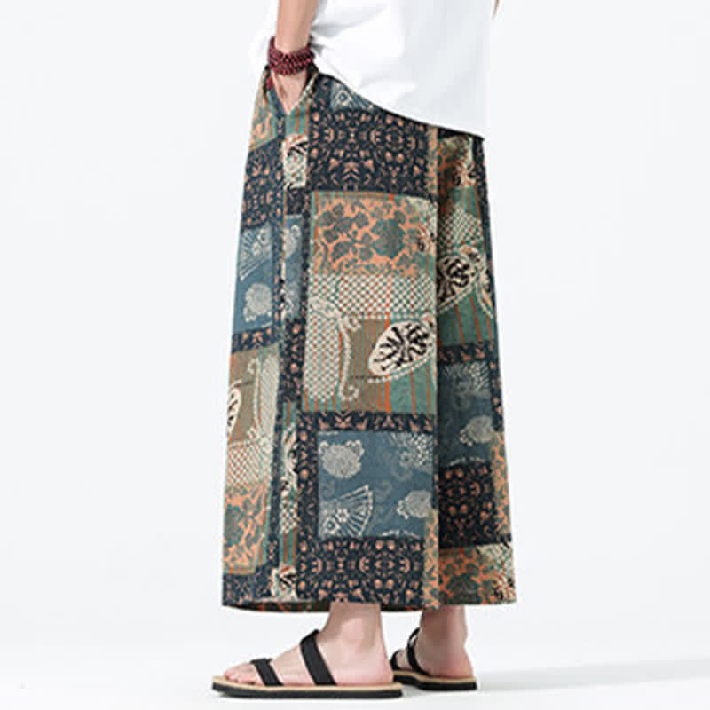 Buddha Stones Spring Summer Boho Casual Drawstring Floral Patchwork Cropped Pants Men's Wide Leg Pants With Pockets - image 4