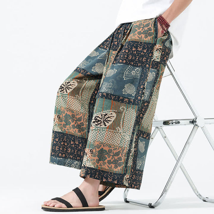 Buddha Stones Spring Summer Boho Casual Drawstring Floral Patchwork Cropped Pants Men's Wide Leg Pants With Pockets - image 8