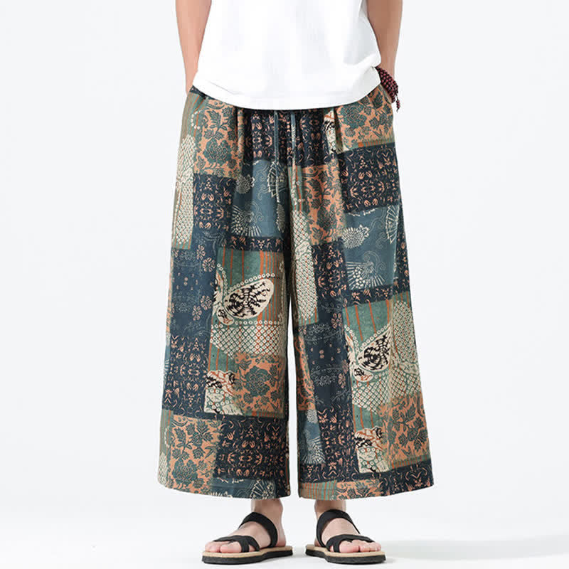Buddha Stones Spring Summer Boho Casual Drawstring Floral Patchwork Cropped Pants Men's Wide Leg Pants With Pockets - image 2
