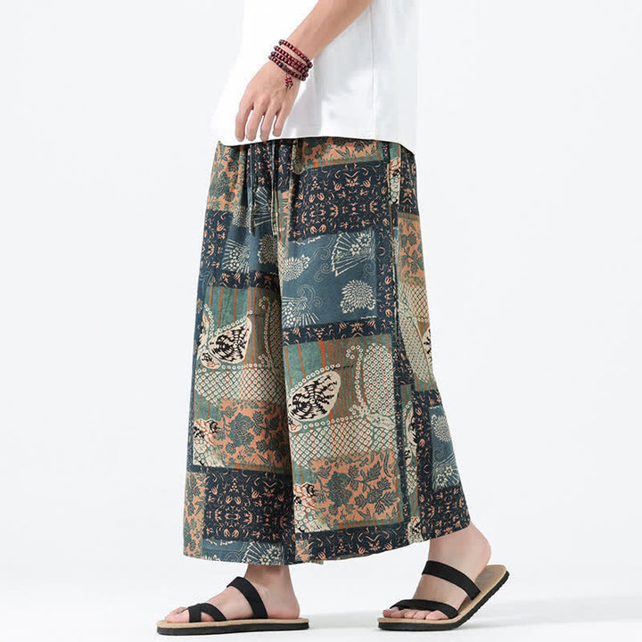 Buddha Stones Spring Summer Boho Casual Drawstring Floral Patchwork Cropped Pants Men's Wide Leg Pants With Pockets - image 1