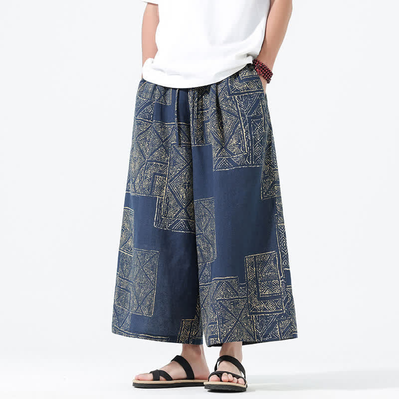 Buddha Stones Spring Summer Boho Casual Drawstring Floral Patchwork Cropped Pants Men's Wide Leg Pants With Pockets - SteelBlue - US/UK/AU46，EU56 (5XL) - image 10