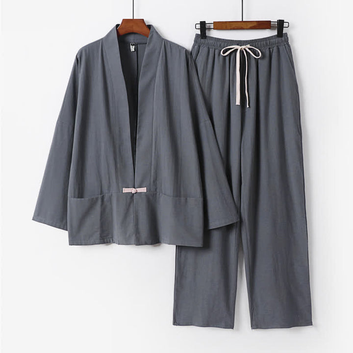 Buddha Stones 2Pcs Spring Solid Ramie V-Neck Kimono Drawstring Pants Men's Meditation Cloth With Pockets - SlateGray - US/UK/AU54，EU64 (9XL) - image 0