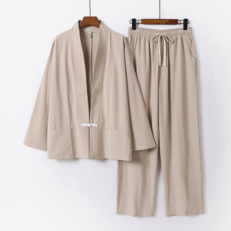Buddha Stones 2Pcs Spring Solid Ramie V-Neck Kimono Drawstring Pants Men's Meditation Cloth With Pockets - BurlyWood - US/UK/AU54，EU64 (9XL) - image 9