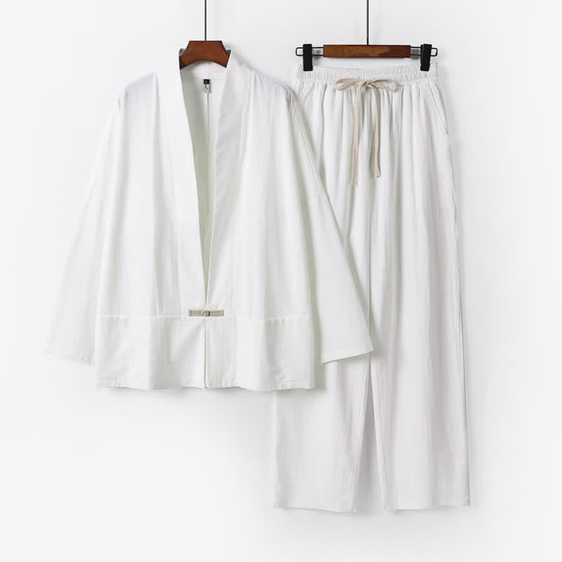 Buddha Stones 2Pcs Spring Solid Ramie V-Neck Kimono Drawstring Pants Men's Meditation Cloth With Pockets - White - US/UK/AU54，EU64 (9XL) - image 10