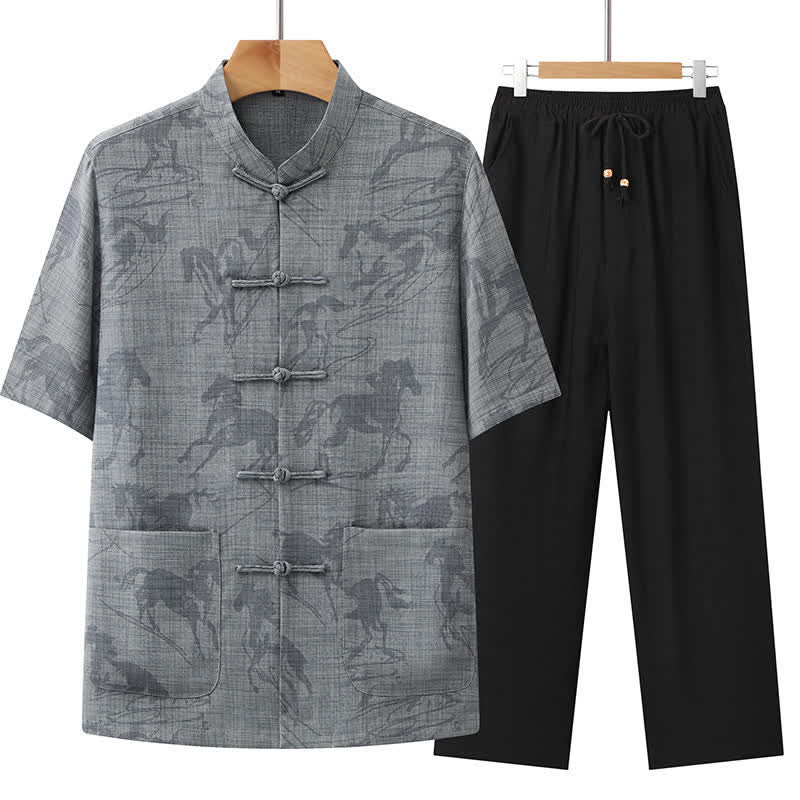 Buddha Stones 2Pcs Summer Tang Style Casual Frog Button Mandarin Collar Horse Print Short Sleeve Shirt Pants Men's Meditation Cloth With Pockets - DarkGray - US/UK/AU42，EU52 (3XL) - image 4