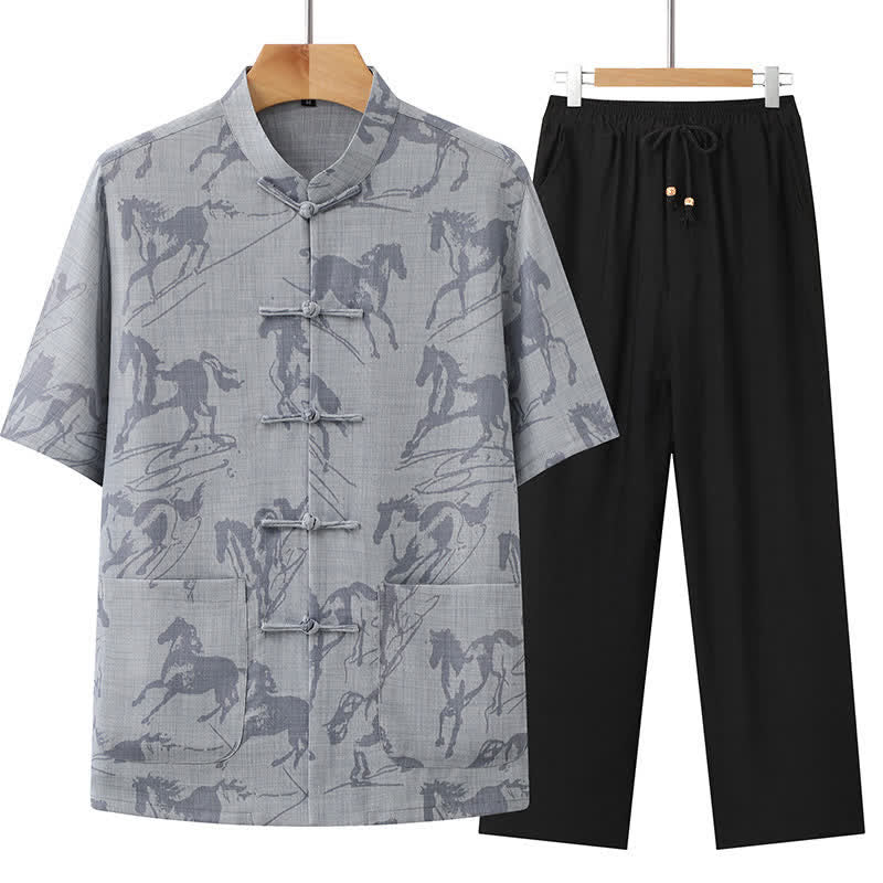 Buddha Stones 2Pcs Summer Tang Style Casual Frog Button Mandarin Collar Horse Print Short Sleeve Shirt Pants Men's Meditation Cloth With Pockets - LightGray - US/UK/AU42，EU52 (3XL) - image 2