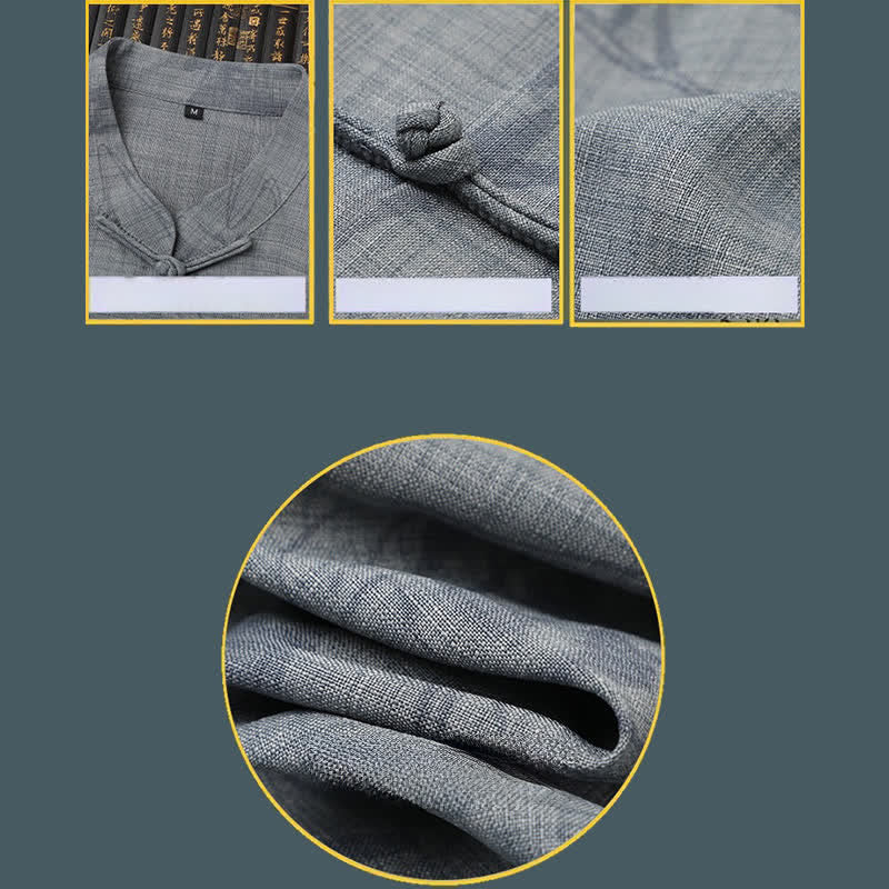 Buddha Stones 2Pcs Summer Tang Style Casual Frog Button Mandarin Collar Horse Print Short Sleeve Shirt Pants Men's Meditation Cloth With Pockets - image 11