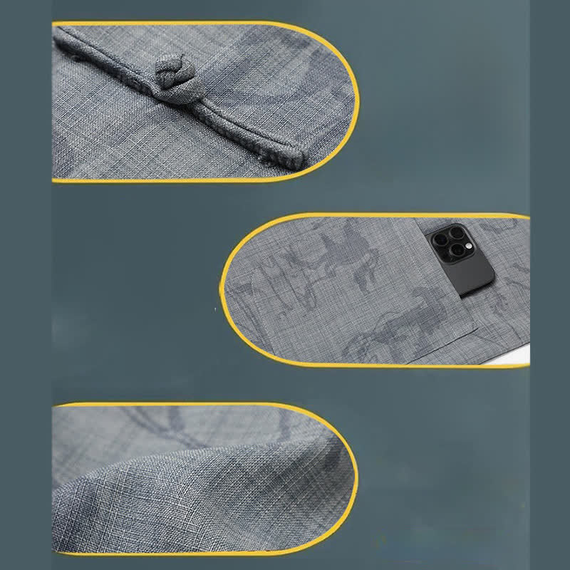 Buddha Stones 2Pcs Summer Tang Style Casual Frog Button Mandarin Collar Horse Print Short Sleeve Shirt Pants Men's Meditation Cloth With Pockets - image 12