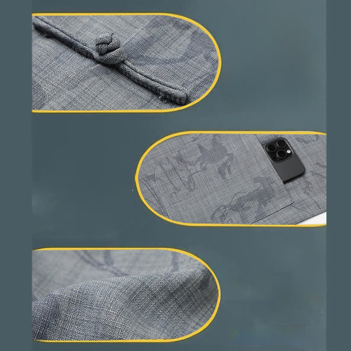 Buddha Stones 2Pcs Summer Tang Style Casual Frog Button Mandarin Collar Horse Print Short Sleeve Shirt Pants Men's Meditation Cloth With Pockets - image 12