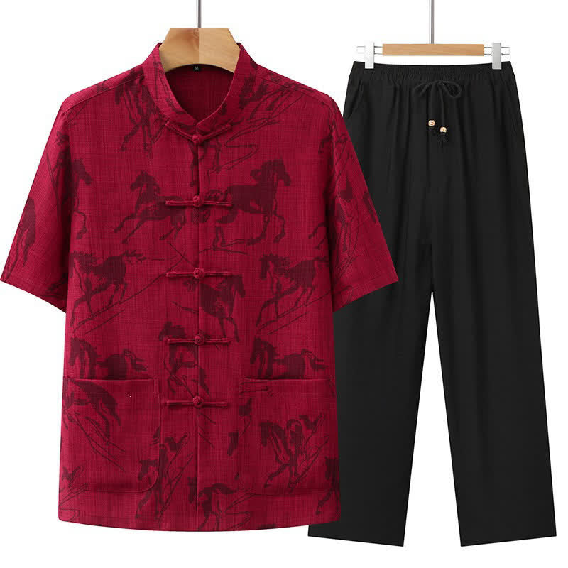 Buddha Stones 2Pcs Summer Tang Style Casual Frog Button Mandarin Collar Horse Print Short Sleeve Shirt Pants Men's Meditation Cloth With Pockets - Crimson - US/UK/AU42，EU52 (3XL) - image 13