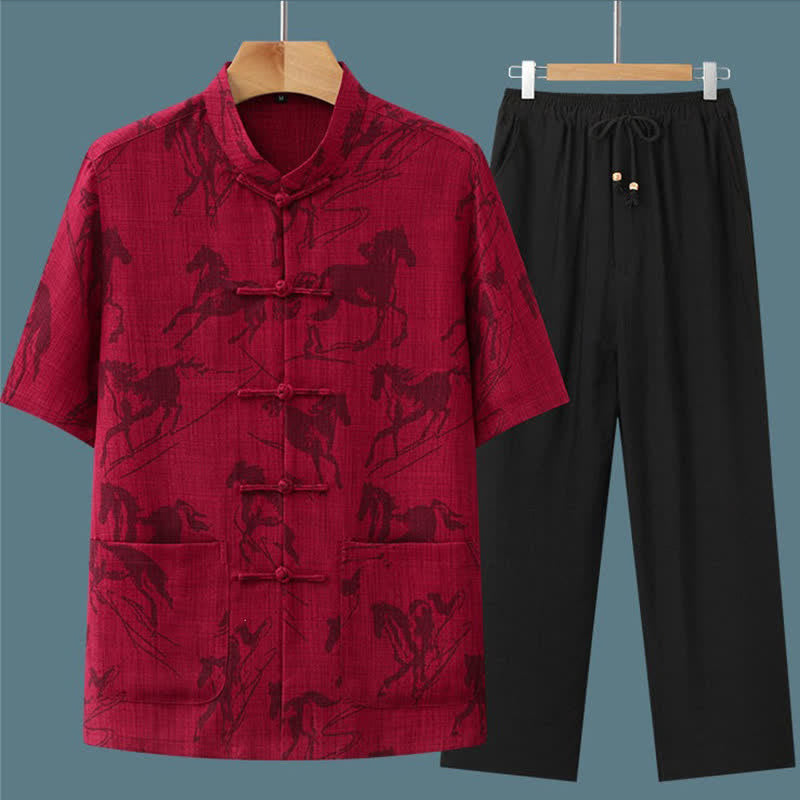 Buddha Stones 2Pcs Summer Tang Style Casual Frog Button Mandarin Collar Horse Print Short Sleeve Shirt Pants Men's Meditation Cloth With Pockets - image 14