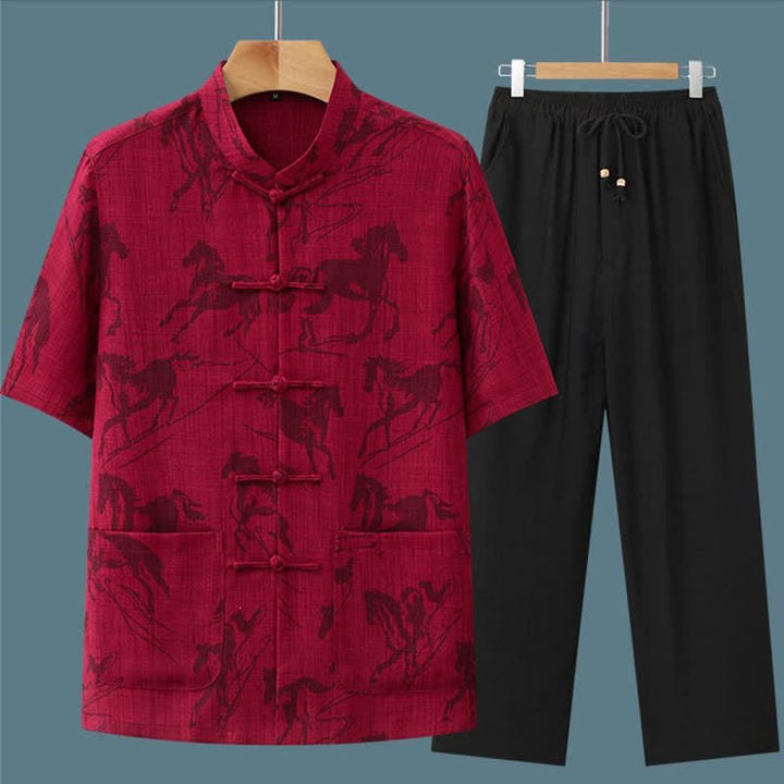 Buddha Stones 2Pcs Summer Tang Style Casual Frog Button Mandarin Collar Horse Print Short Sleeve Shirt Pants Men's Meditation Cloth With Pockets - image 14