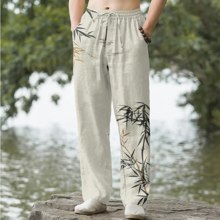 Buddha Stones Cotton Ink Bamboo Pattern Men's Tapered Pants With Pockets - Linen - US/UK/AU50，EU60 (5XL) - image 0
