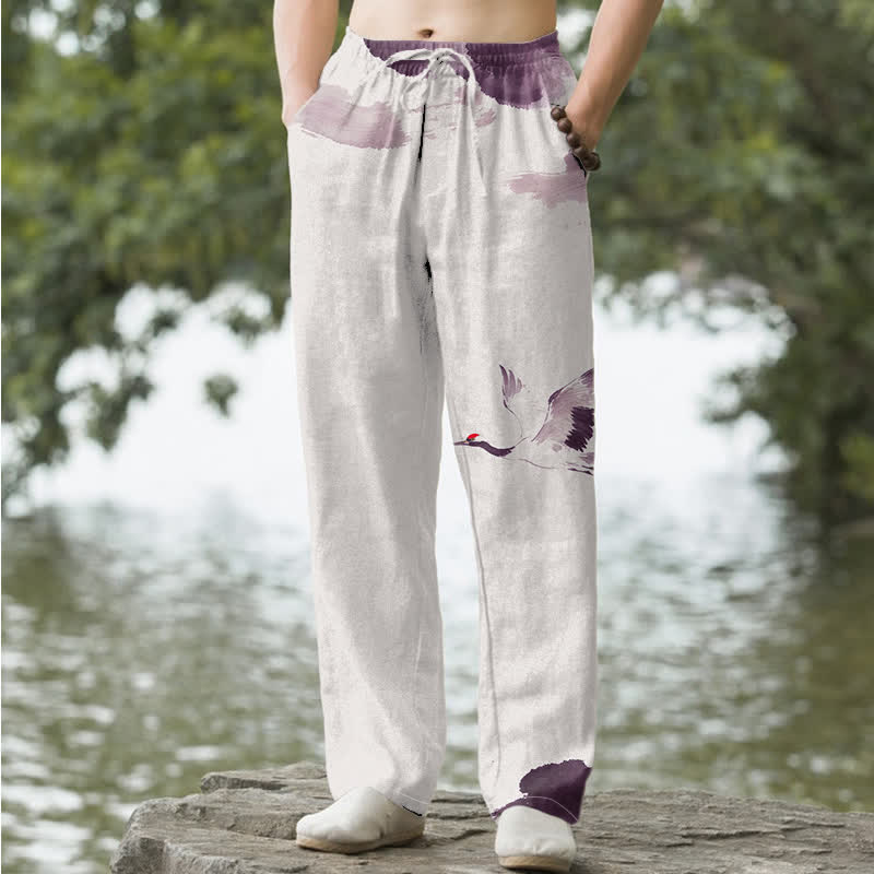 Buddha Stones Cotton Red-crowned Crane Pattern Men's Tapered Pants With Pockets - Thistle - US/UK/AU50，EU60 (5XL) - image 4