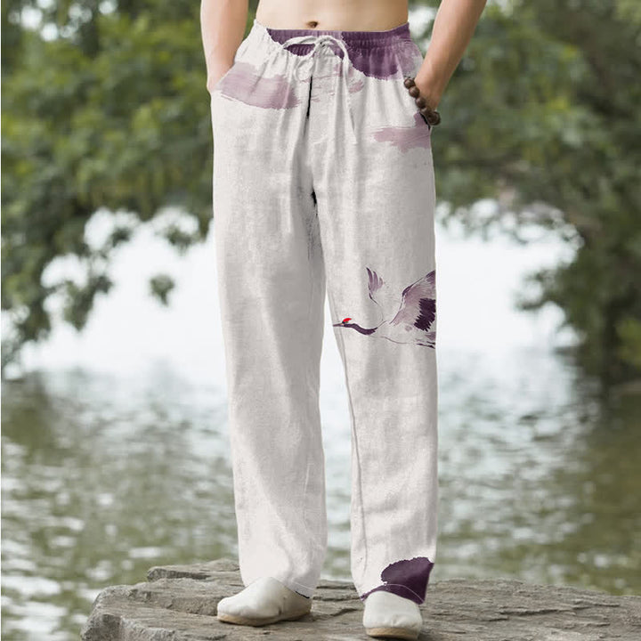 Buddha Stones Cotton Red-crowned Crane Pattern Men's Tapered Pants With Pockets - Thistle - US/UK/AU50，EU60 (5XL) - image 4