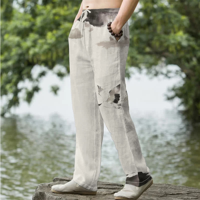 Buddha Stones Cotton Red-crowned Crane Pattern Men's Tapered Pants With Pockets - image 7