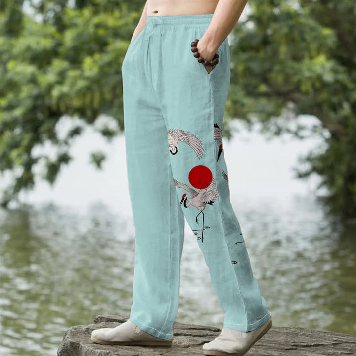 Buddha Stones Cotton Red Sun Crane Pattern Men's Tapered Pants With Pockets - image 7