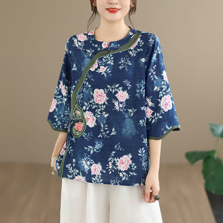 Buddha Stones Summer Casual Tang Style Frog Button Pink Peony Floral Women's Elbow-Length Sleeve Shirts - image 2