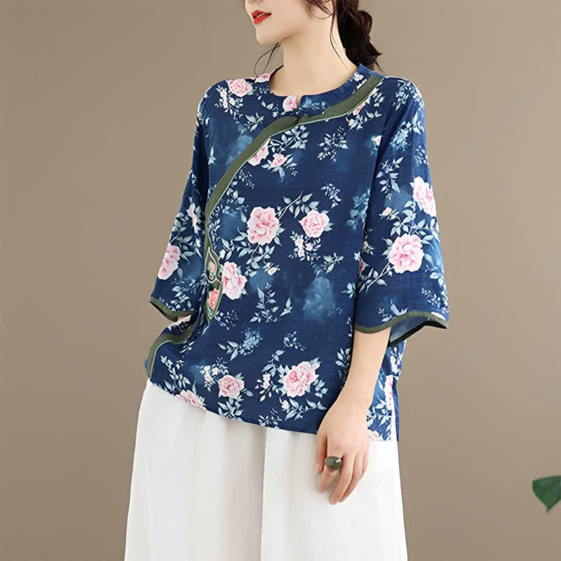 Buddha Stones Summer Casual Tang Style Frog Button Pink Peony Floral Women's Elbow-Length Sleeve Shirts - image 5
