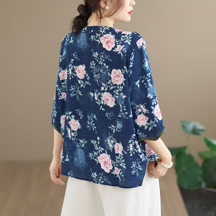 Buddha Stones Summer Casual Tang Style Frog Button Pink Peony Floral Women's Elbow-Length Sleeve Shirts - image 3