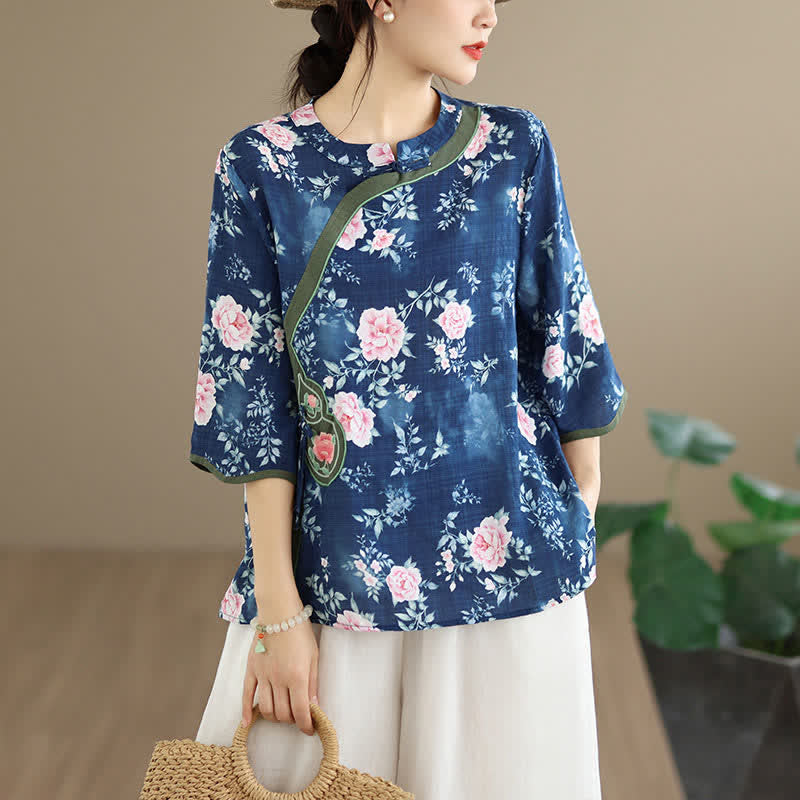 Buddha Stones Summer Casual Tang Style Frog Button Pink Peony Floral Women's Elbow-Length Sleeve Shirts - DarkSlateBlue - US8-10, UK/AU12-14, EU40-42 (2XL) - image 0