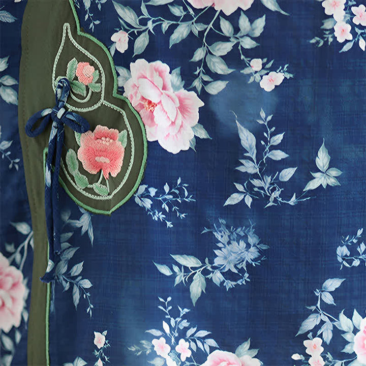 Buddha Stones Summer Casual Tang Style Frog Button Pink Peony Floral Women's Elbow-Length Sleeve Shirts - image 9