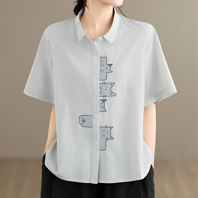 Buddha Stones Summer Casual Minimalist Button-Up Cat Embroidery Women's Short Sleeve Shirts - image 17