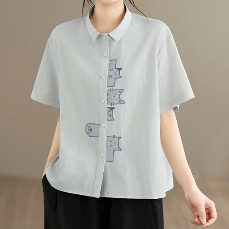 Buddha Stones Summer Casual Minimalist Button-Up Cat Embroidery Women's Short Sleeve Shirts - Gainsboro - US8-10, UK/AU12-14, EU40-42 (2XL) - image 16