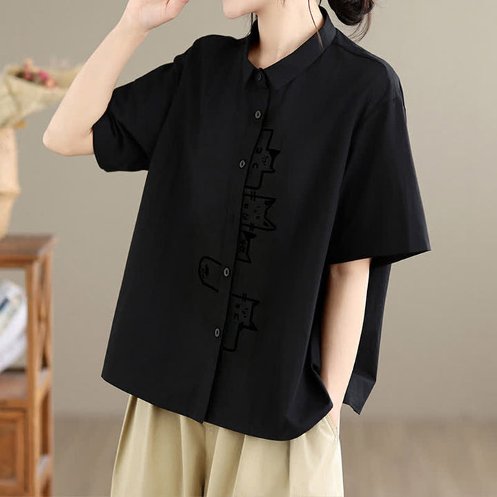 Buddha Stones Summer Casual Minimalist Button-Up Cat Embroidery Women's Short Sleeve Shirts - image 5