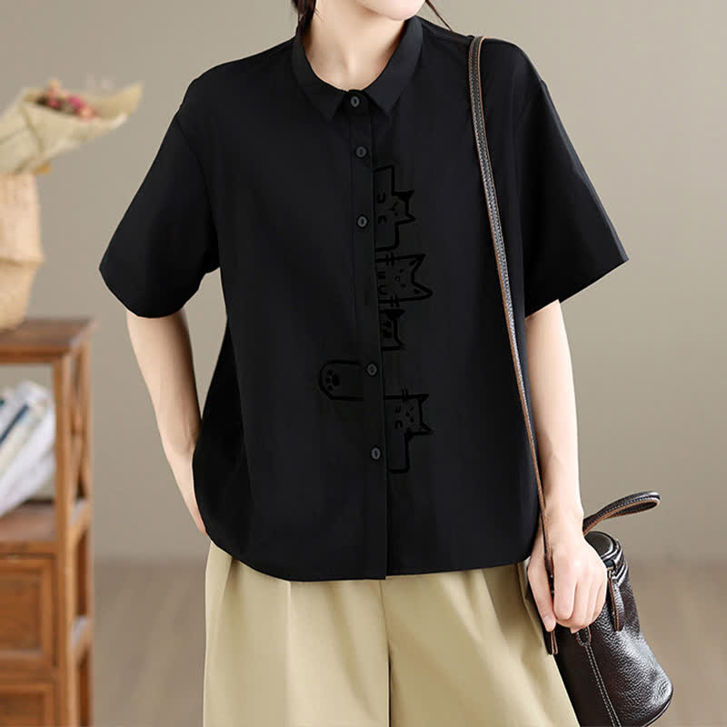 Buddha Stones Summer Casual Minimalist Button-Up Cat Embroidery Women's Short Sleeve Shirts - Black - US8-10, UK/AU12-14, EU40-42 (2XL) - image 0